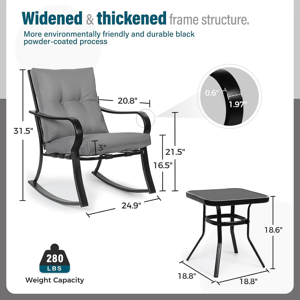 SOLAURA 3-Piece Outdoor Rocking Chairs Bistro Set, Black Iron Patio Furniture...