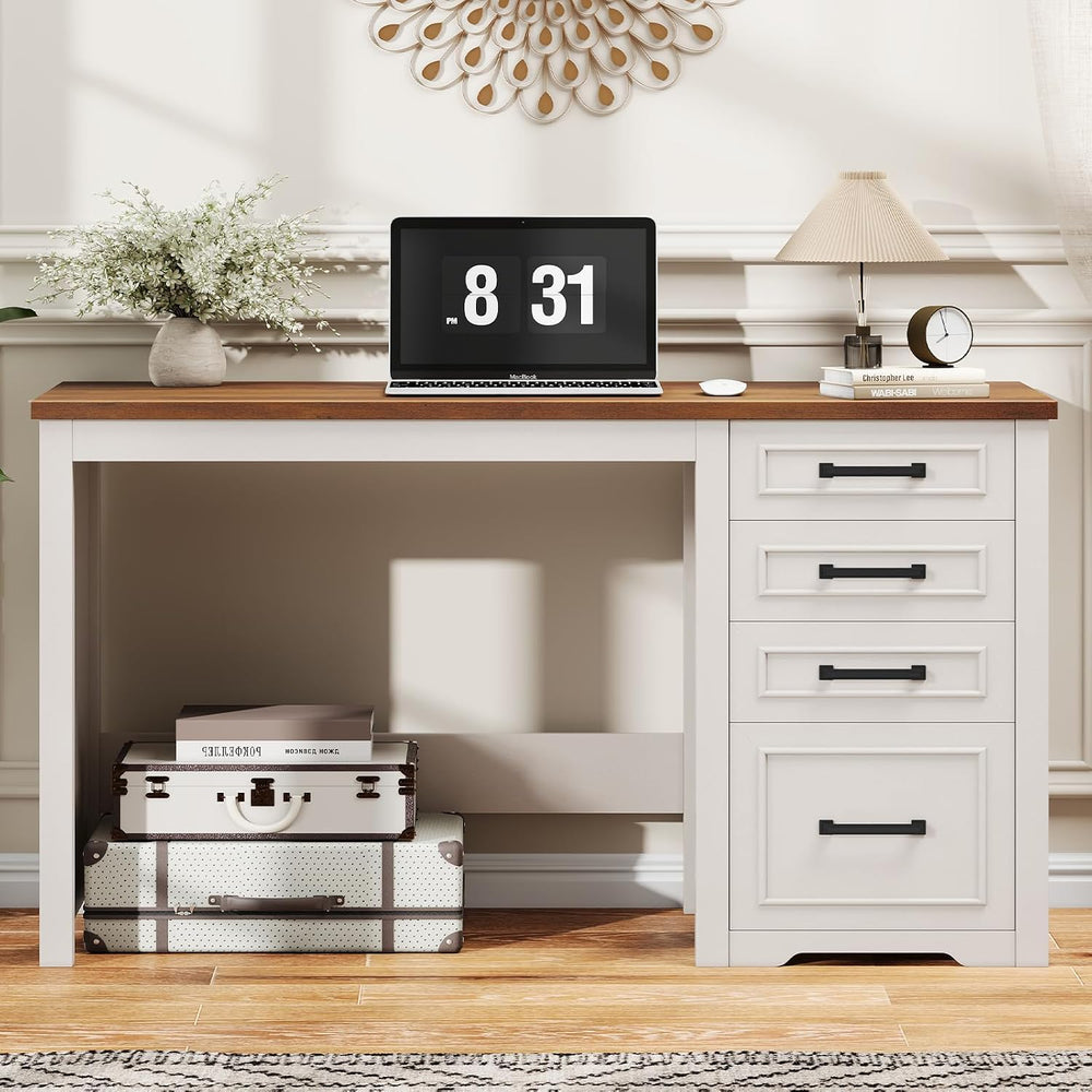 Vabches Farmhouse 49” Executive Desk with File Drawer, White Brown