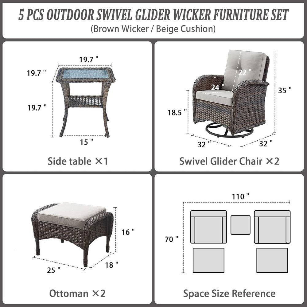 Belord 5 Piece Swivel Rocker Glider Outdoor Chairs Set of 2 with Ottoman and ...