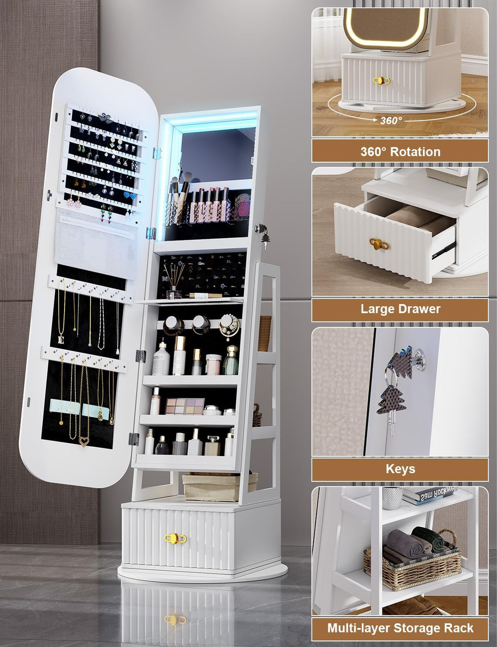 Swivel Jewelry Armoire, Vanity Mirror, Drawers, Lights, White
