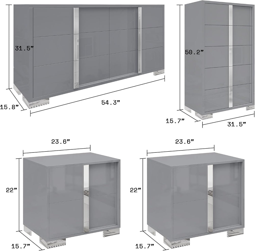 AMERLIFE 4-Piece Bedroom Dresser Set with Storage, High Gloss, Grey