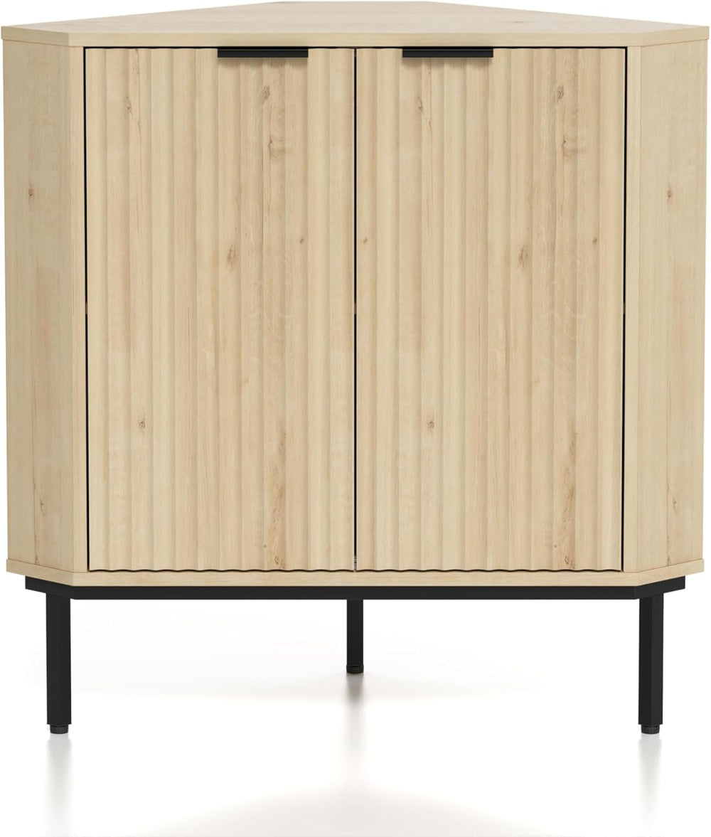 Modern Corner Cabinet, Fluted Wood Floor Storage Cabinet with Adjustable Shel...