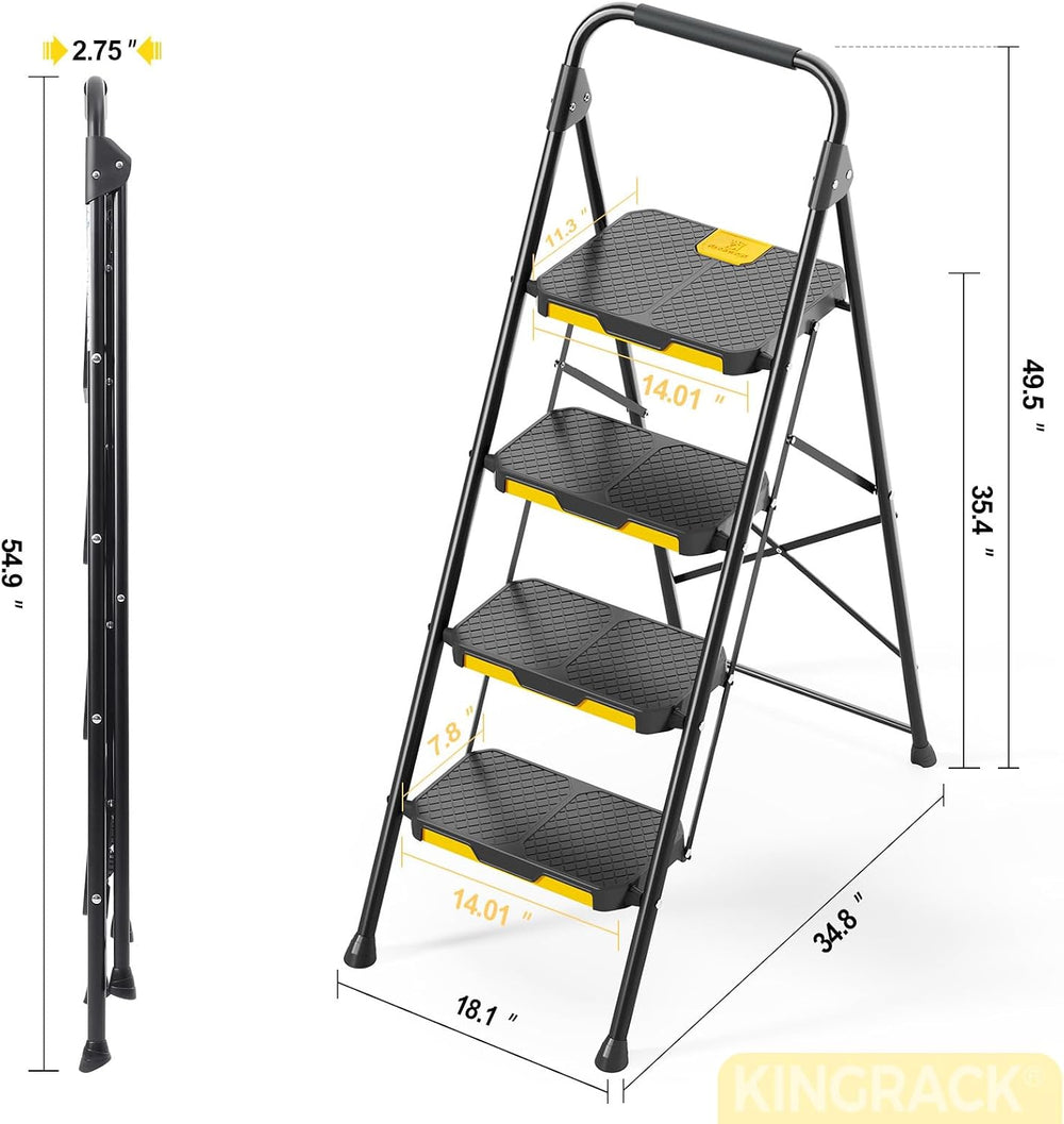 KINGRACK 4 Step Ladder, Steel Step Stool with Safe-Lock, Load 800lbs, Black