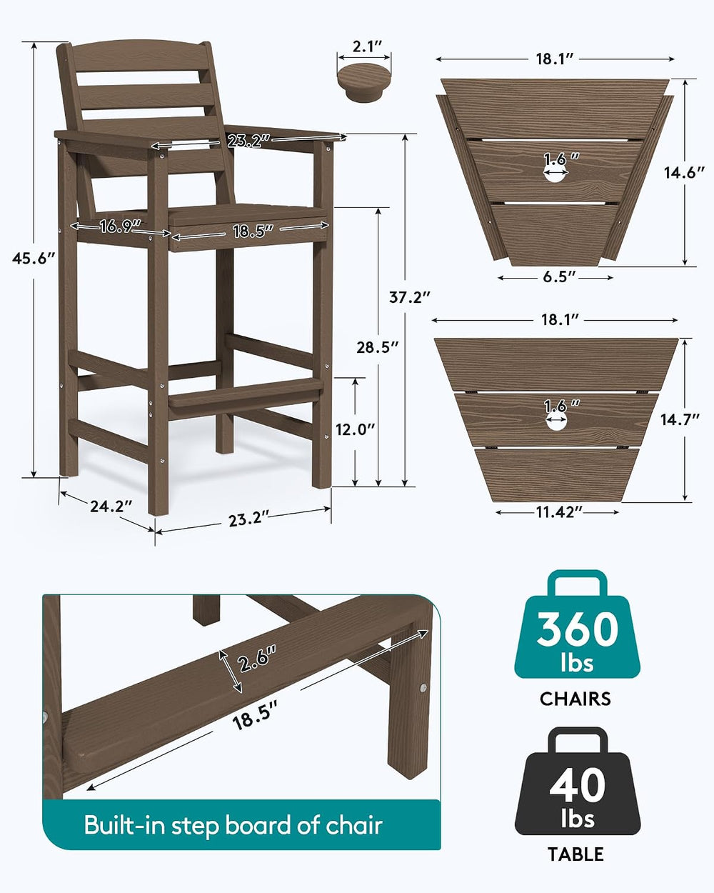 SERWALL Tall Adirondack Chairs Set of 2 with Connecting Table, Coffee