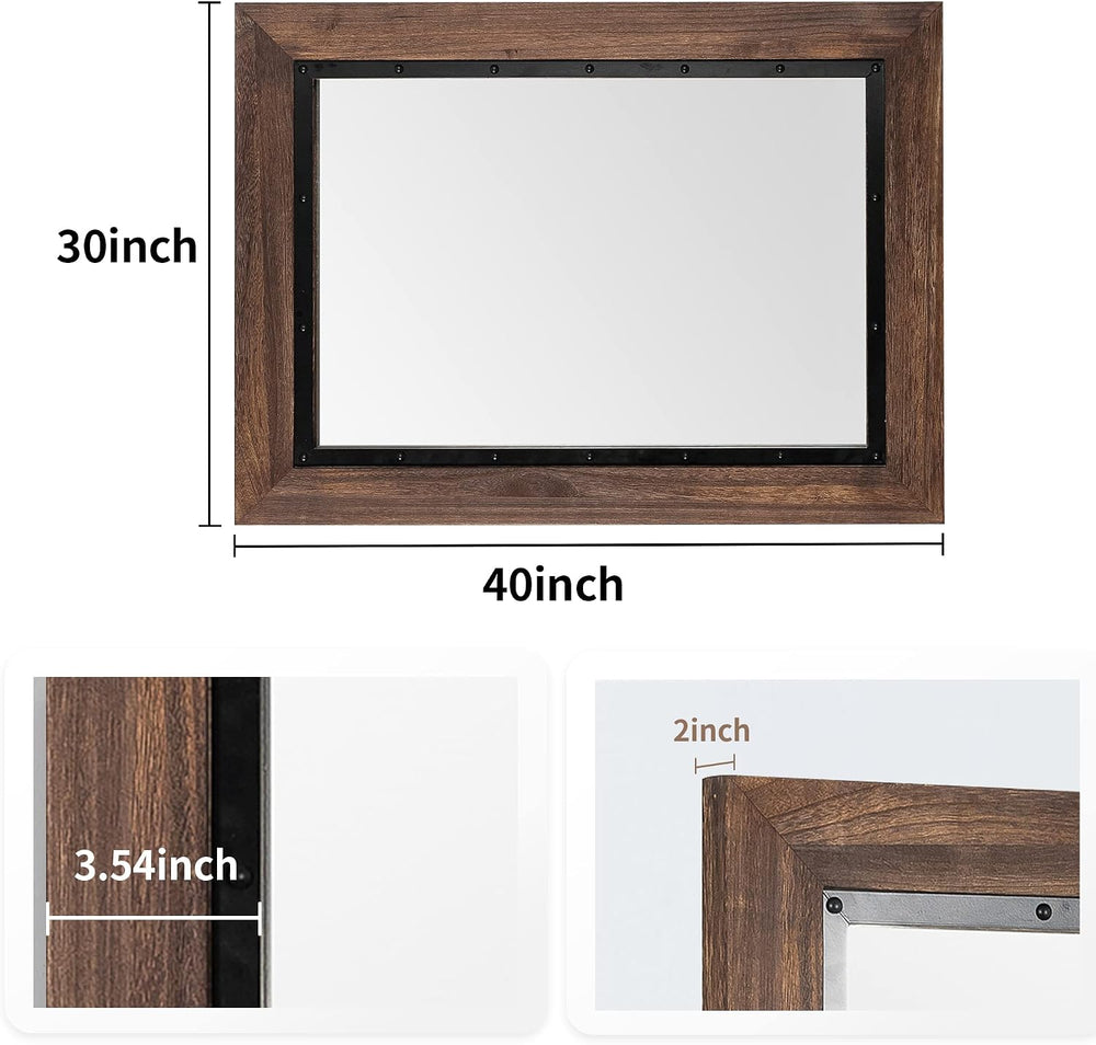 YOSHOOT Rustic Wooden Framed Wall Mirror, 40"x30", Natural Wood and...