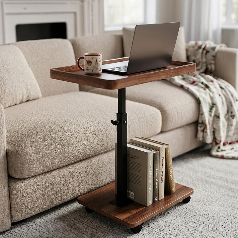Small Rolling Side Table Adjustable Height, 360°Swivel C Table for Bed