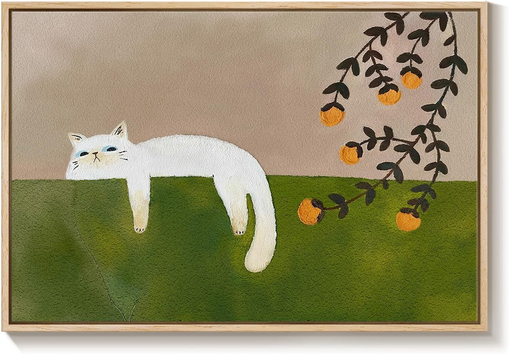 Large Framed Cozy Cat Neutral Green Canvas Wall Art Bedroom, 24x36 Inch