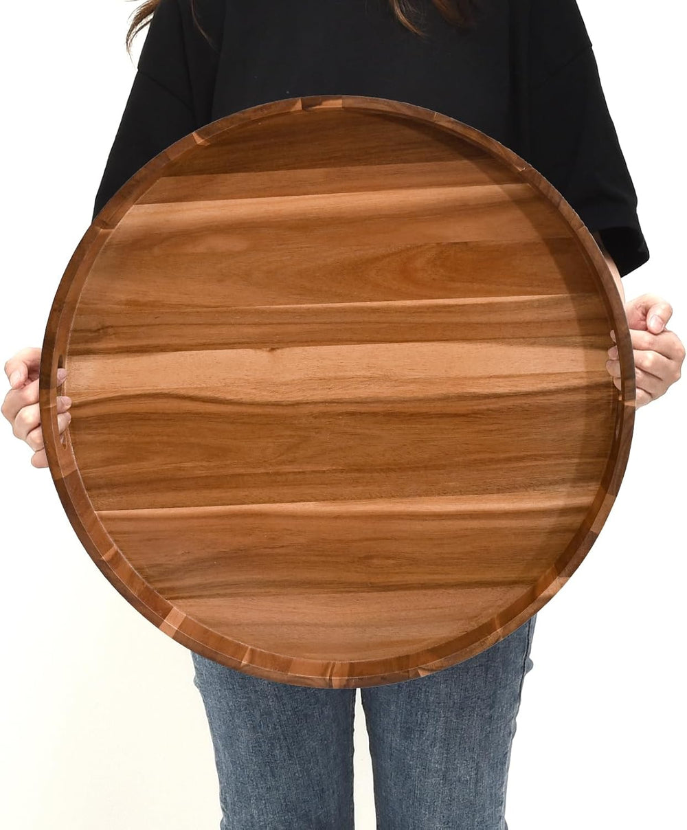 20 Inch Extra Large Round Serving Tray HeavyDuty Acacia Wood Tray for Oversiz...