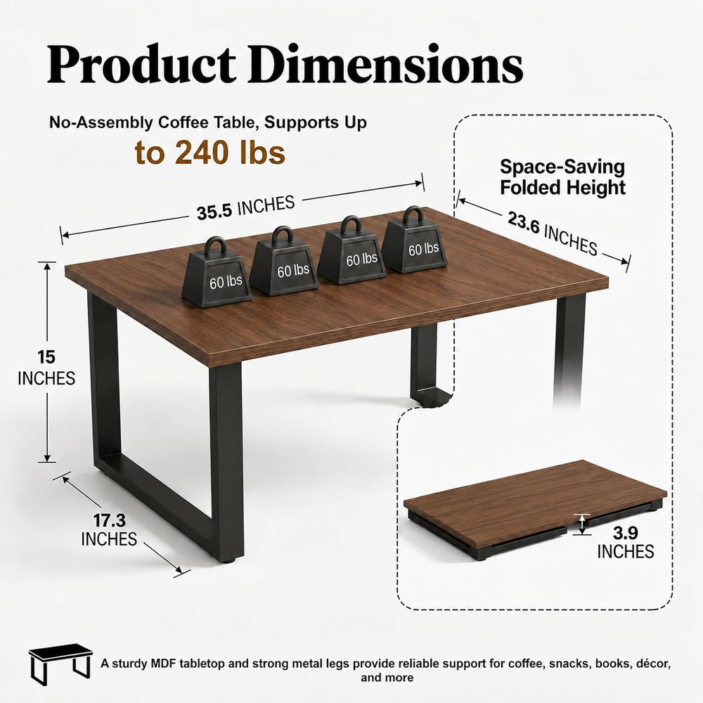 Walnut Folding Coffee Table, No Assembly Required for Small Spaces,35.5In