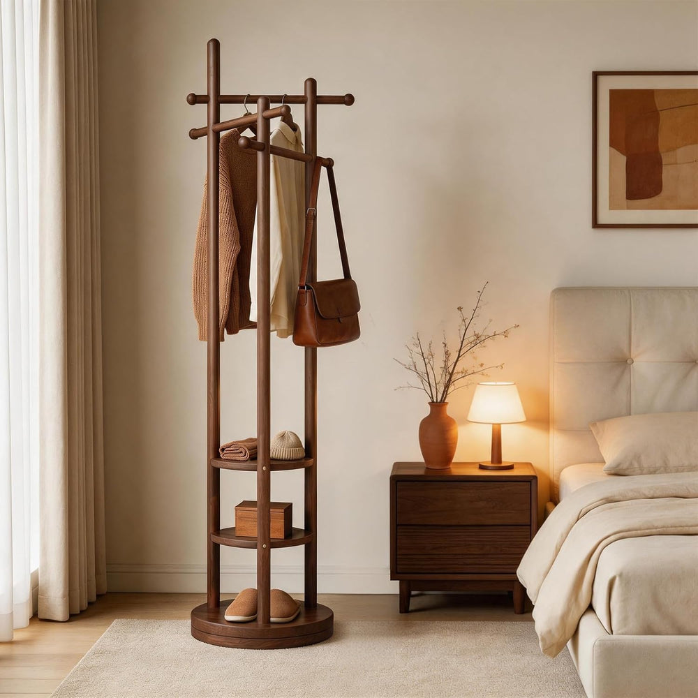 Coat Rack Freestanding, Solid Wood Coat Tree with 6 Hooks and 3 Storage Shelv...