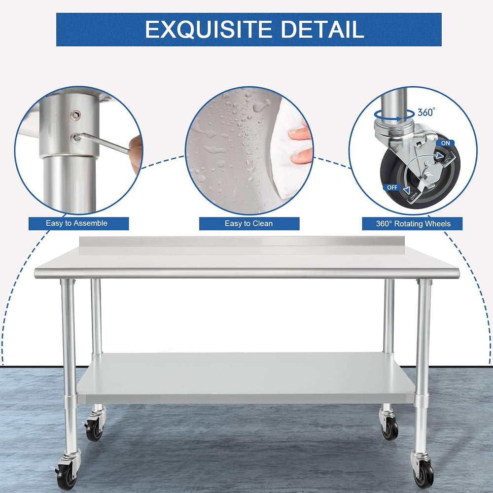 HARDURA Stainless Steel Table with Wheels 24X60 Inches, 2" Backsplash