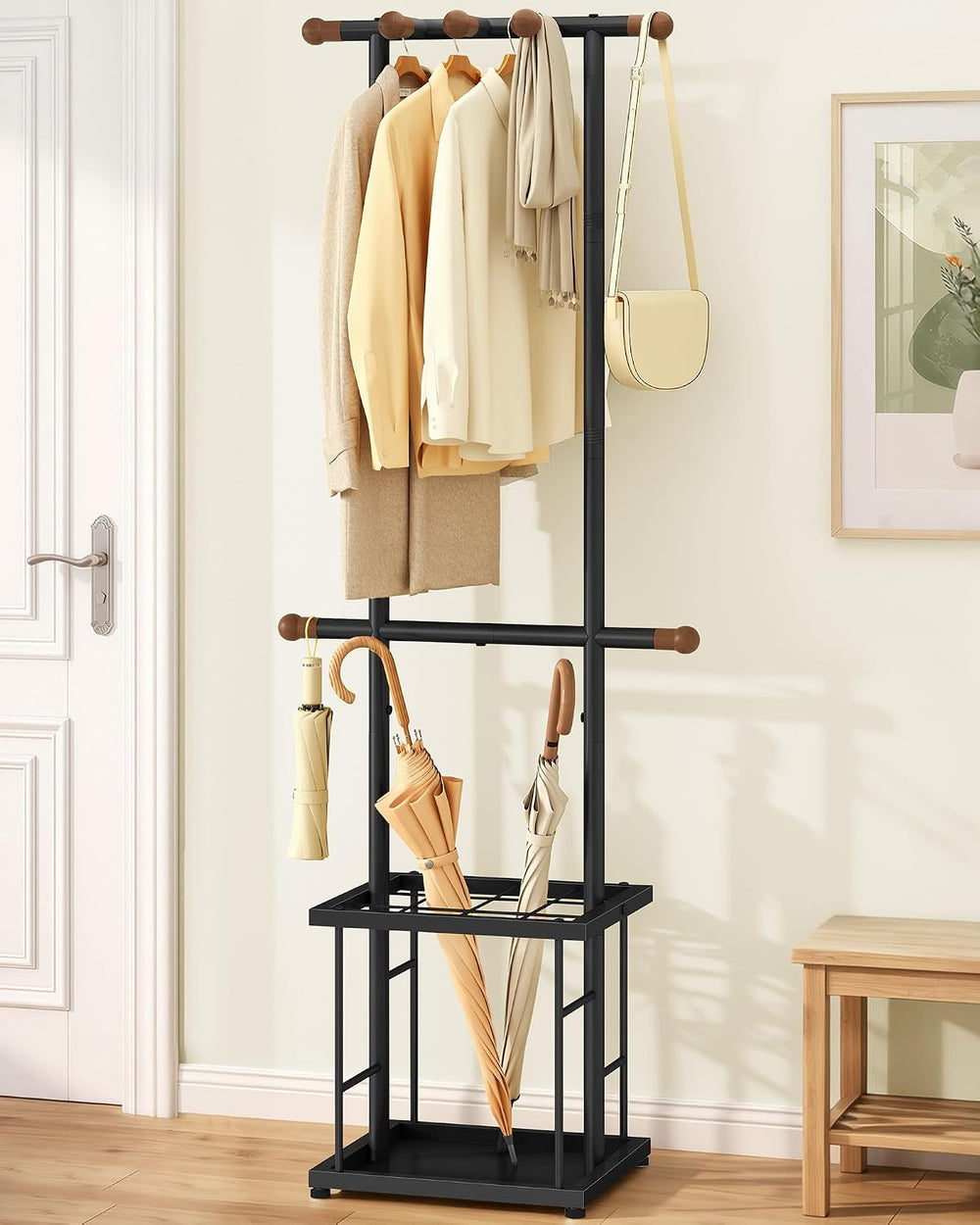 FAVOOSTY Coat Rack Freestanding with Umbrella Holder for Entryway, Black