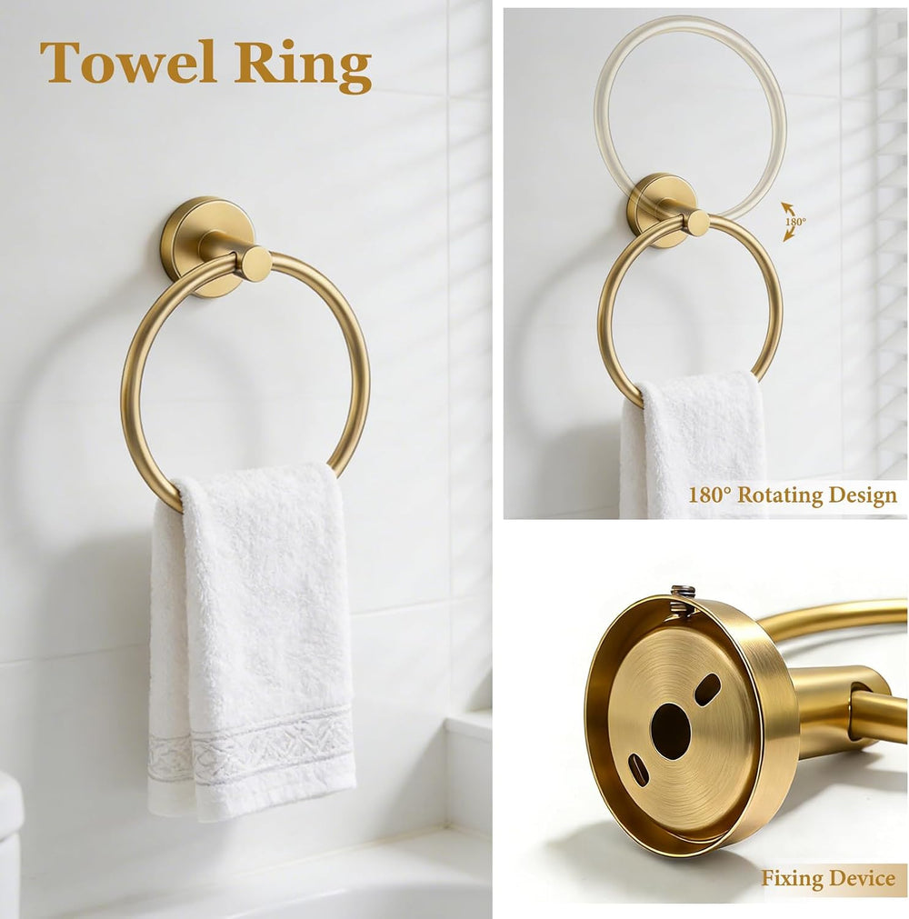 5-Pieces Wall Mount Bathroom Hardware Set,22in Brushed Gold Towel Bar Set