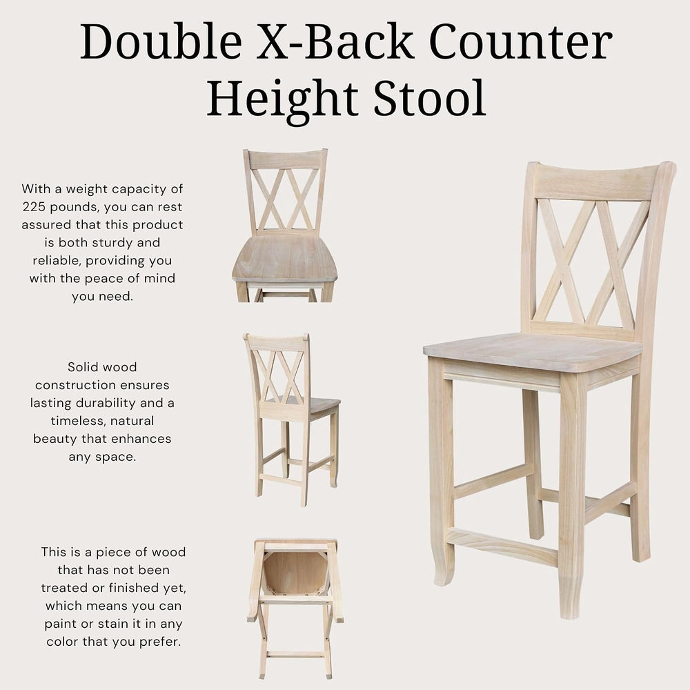 IC International Concepts Solid Wood Double X-Back Stool, 24", Unfinished