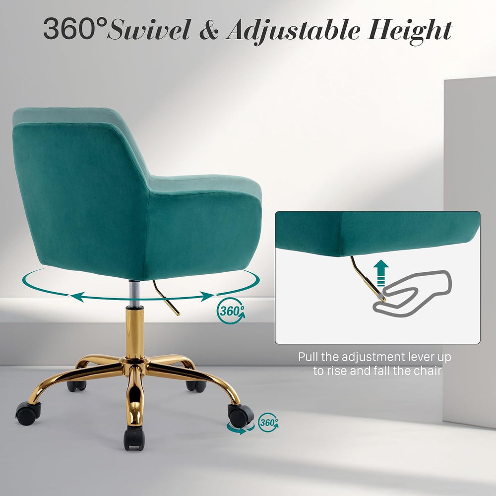 Office Velvet Faux Fur Vanity Desk Chair with Golden Base, Green