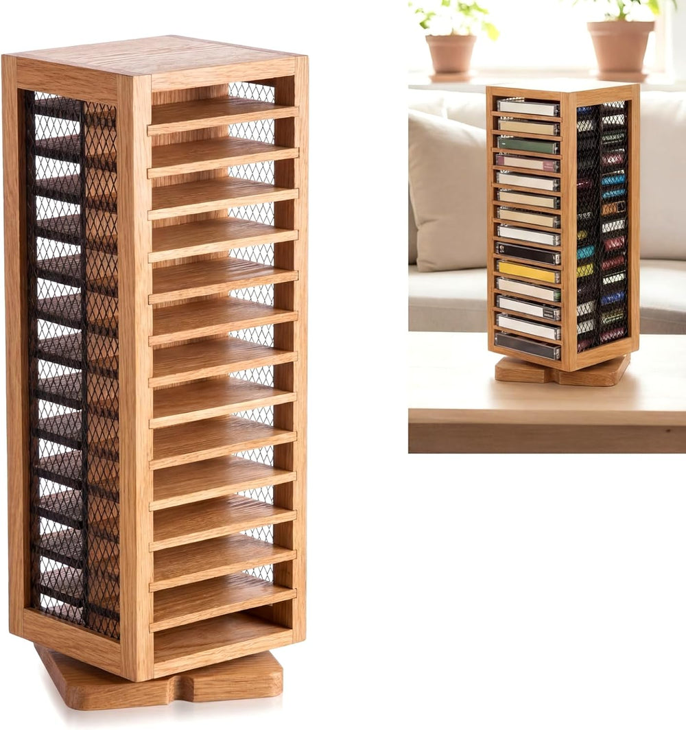 Ripeng Cassette Tape Holder, 28 Capacity 360° Rotating, Rustic Natural