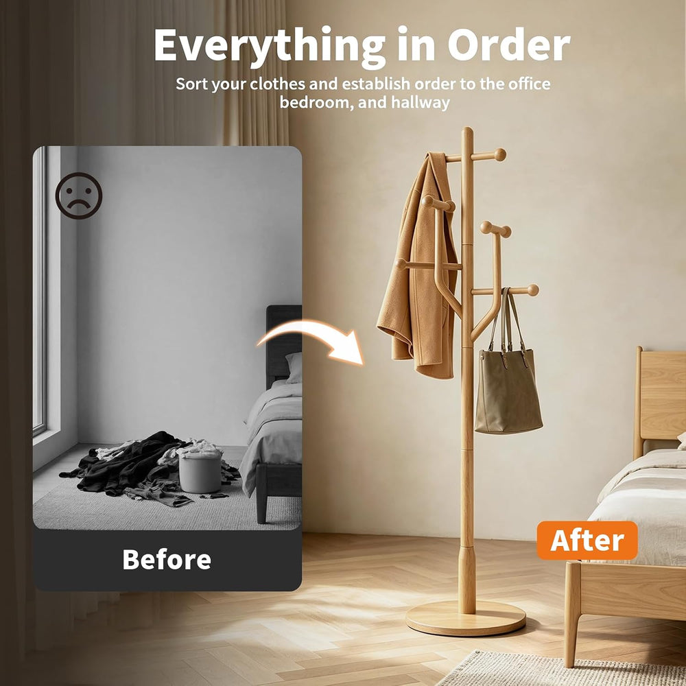 Solid Wood Coat Rack Freestanding Coat Tree Rack with 8 Hooks, Creative Styli...