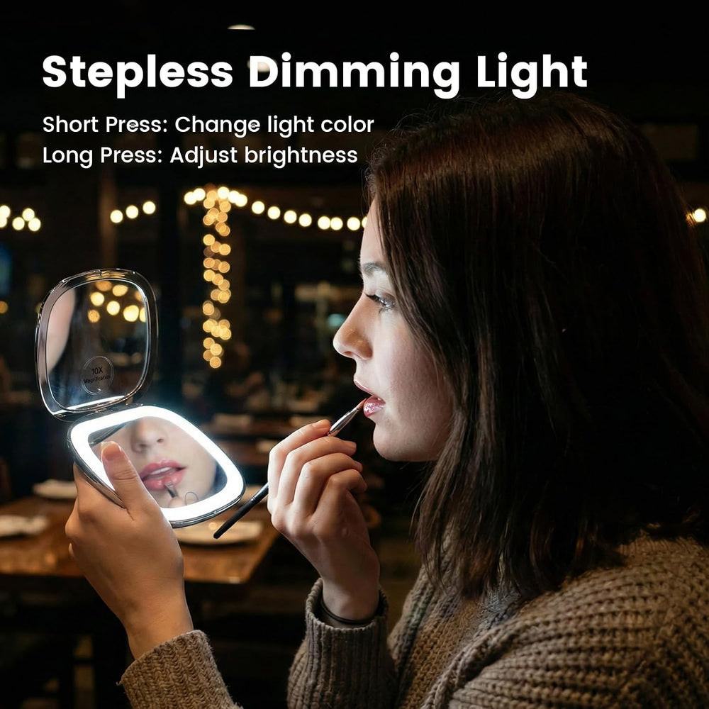 1X & 10X Compact Makeup Mirror, 3 Color Dimmable LED Lighted Travel Mirror