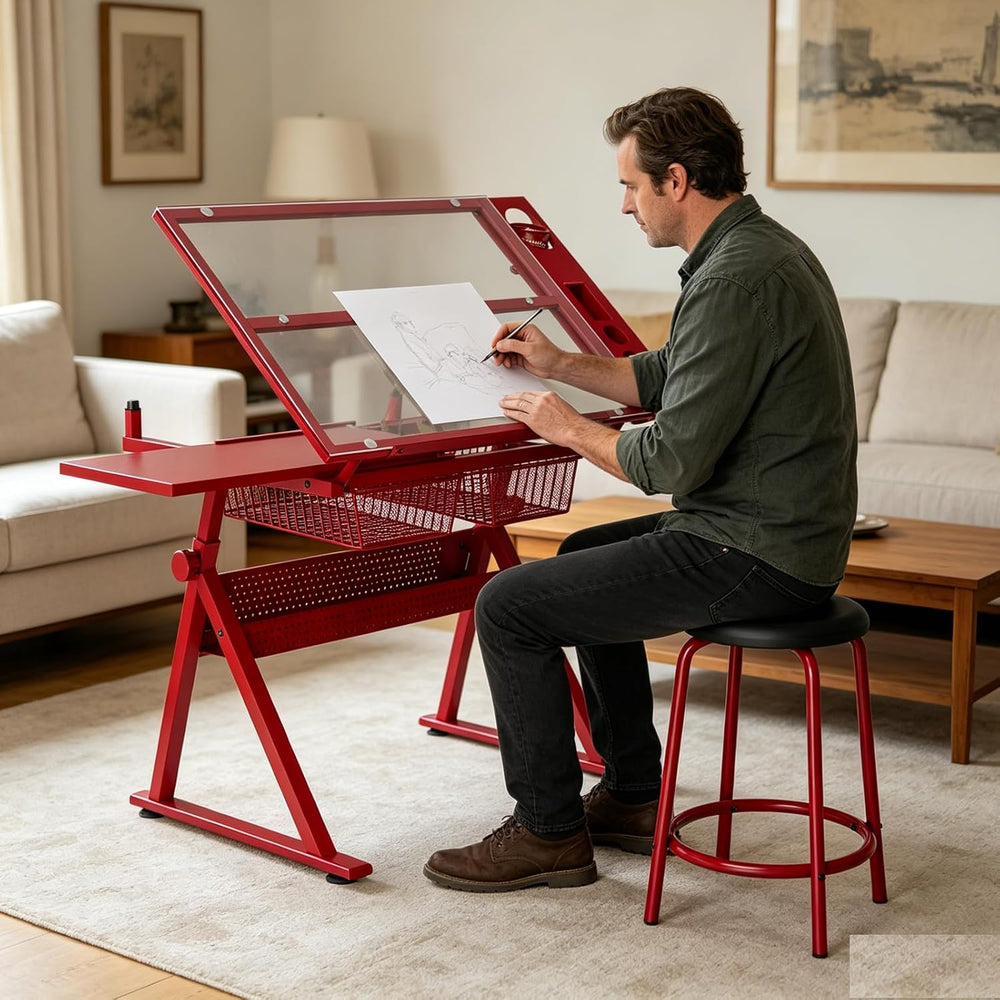 Drafting Table for Artists, Glass Drawing Table with Stool, T1-Red