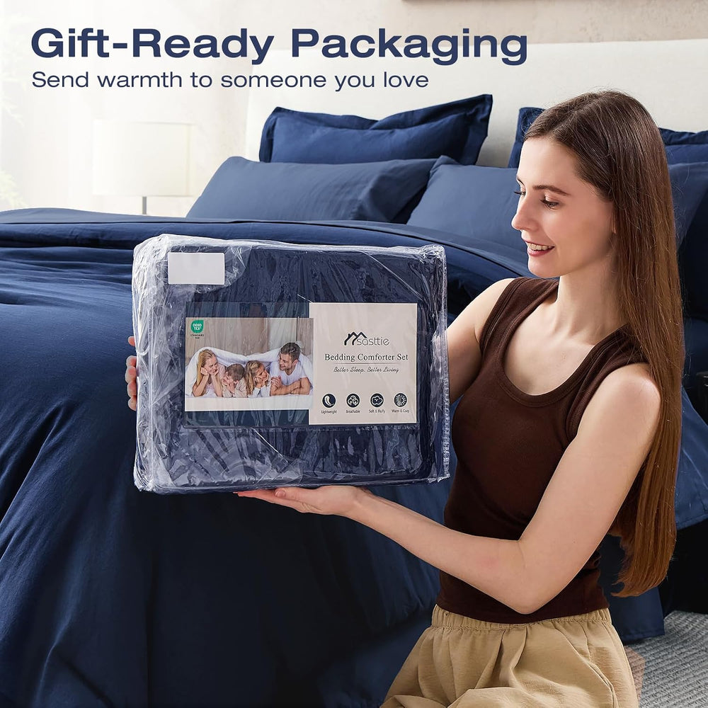 Sasttie Navy Blue Queen Comforter Set 7-Piece, Pre-Washed Bed in a Bag