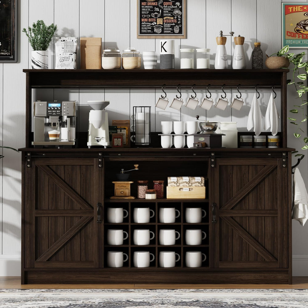 4ever2buy 55" Farmhouse Coffee Bar Cabinet with Storage Hutch, Oak
