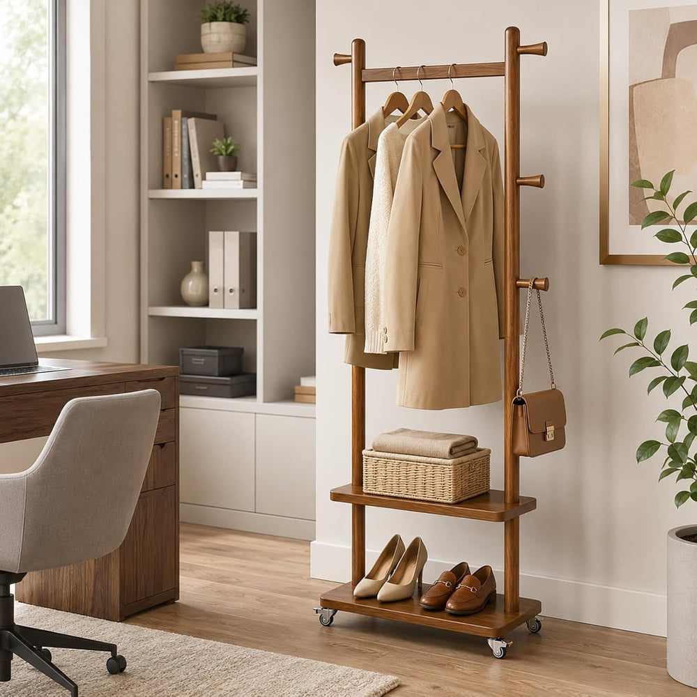 Taitiy Coat Rack Freestanding Solid Wood Clothes Rack with Wheels