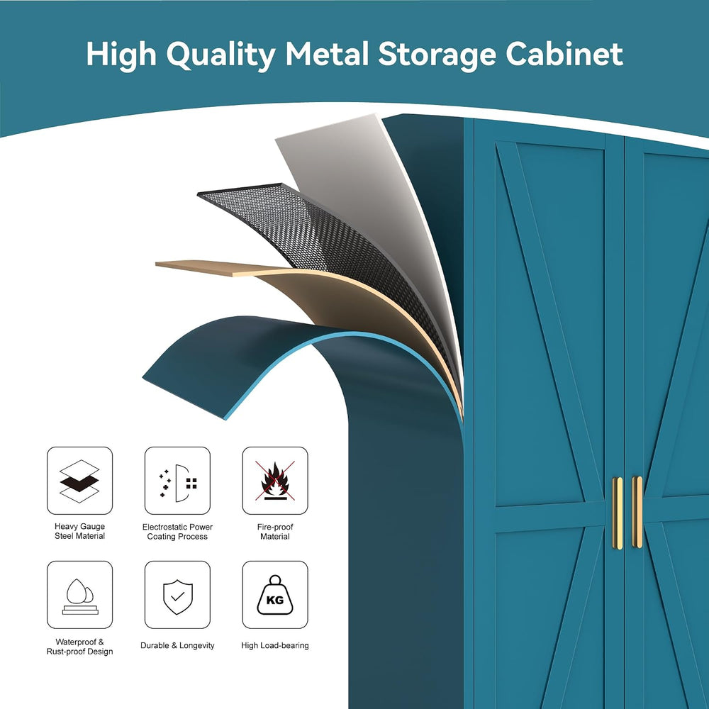 Metal Wardrobe Closet with Doors and Shelves, 71" Farmhouse Bedroom Armo...