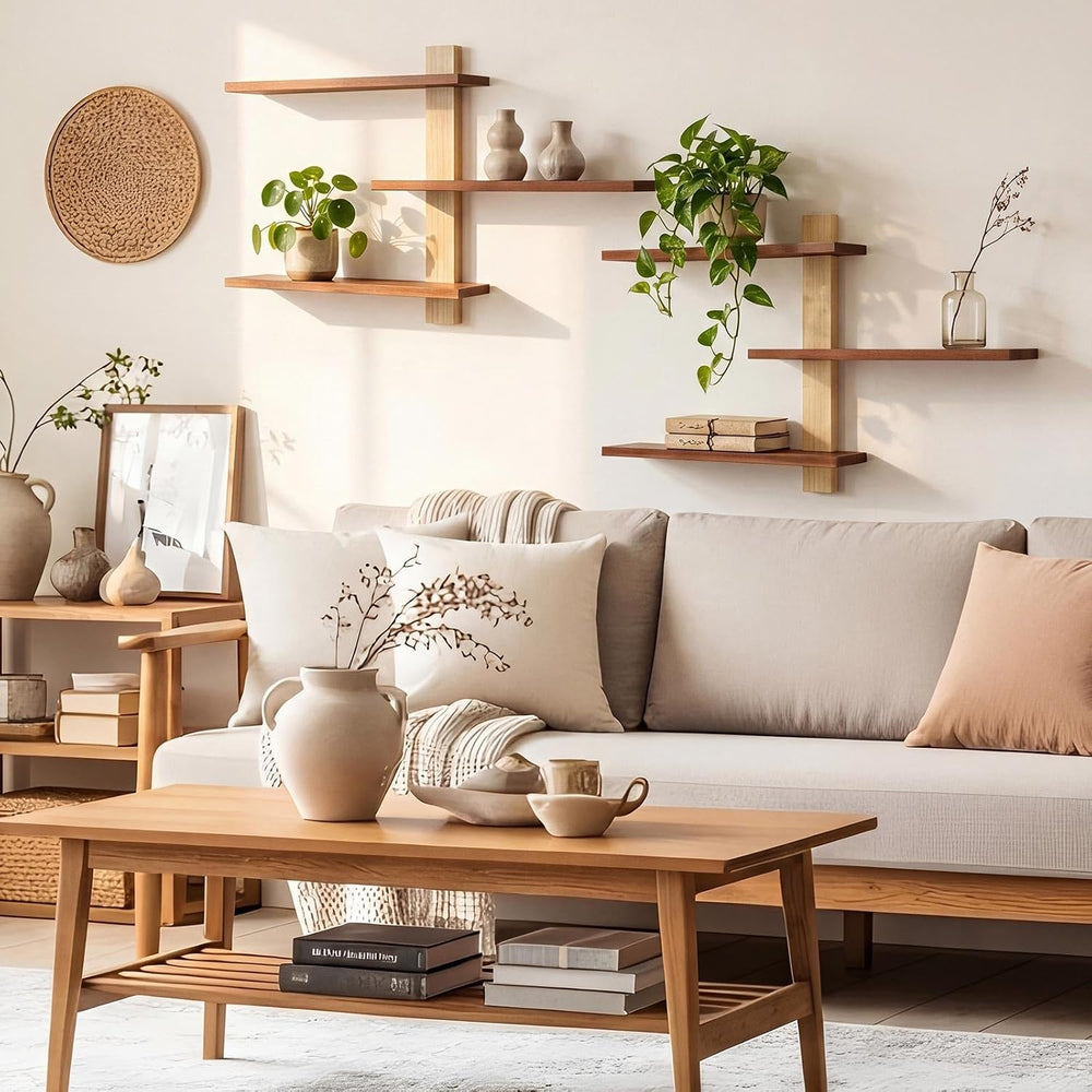 Pinkunn 2 Pack Floating Wall Shelf Mid Century Decor, Natural Wood, 3 Tier