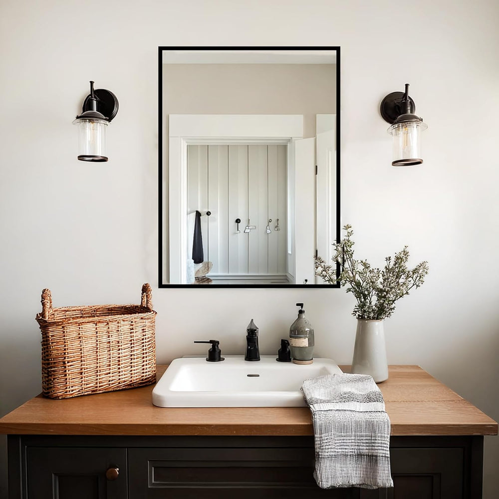 Sunniry Bathroom Vanity Mirror, 16x24 inch Black Wall Mirror, Metal Frame