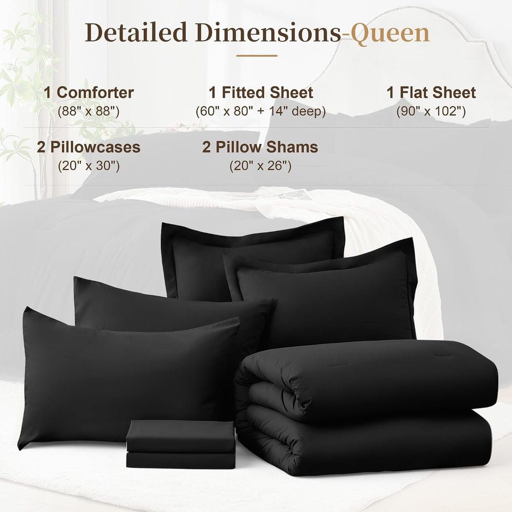 Queen Comforter Set 7 Piece with Lightweight Comforter, Black