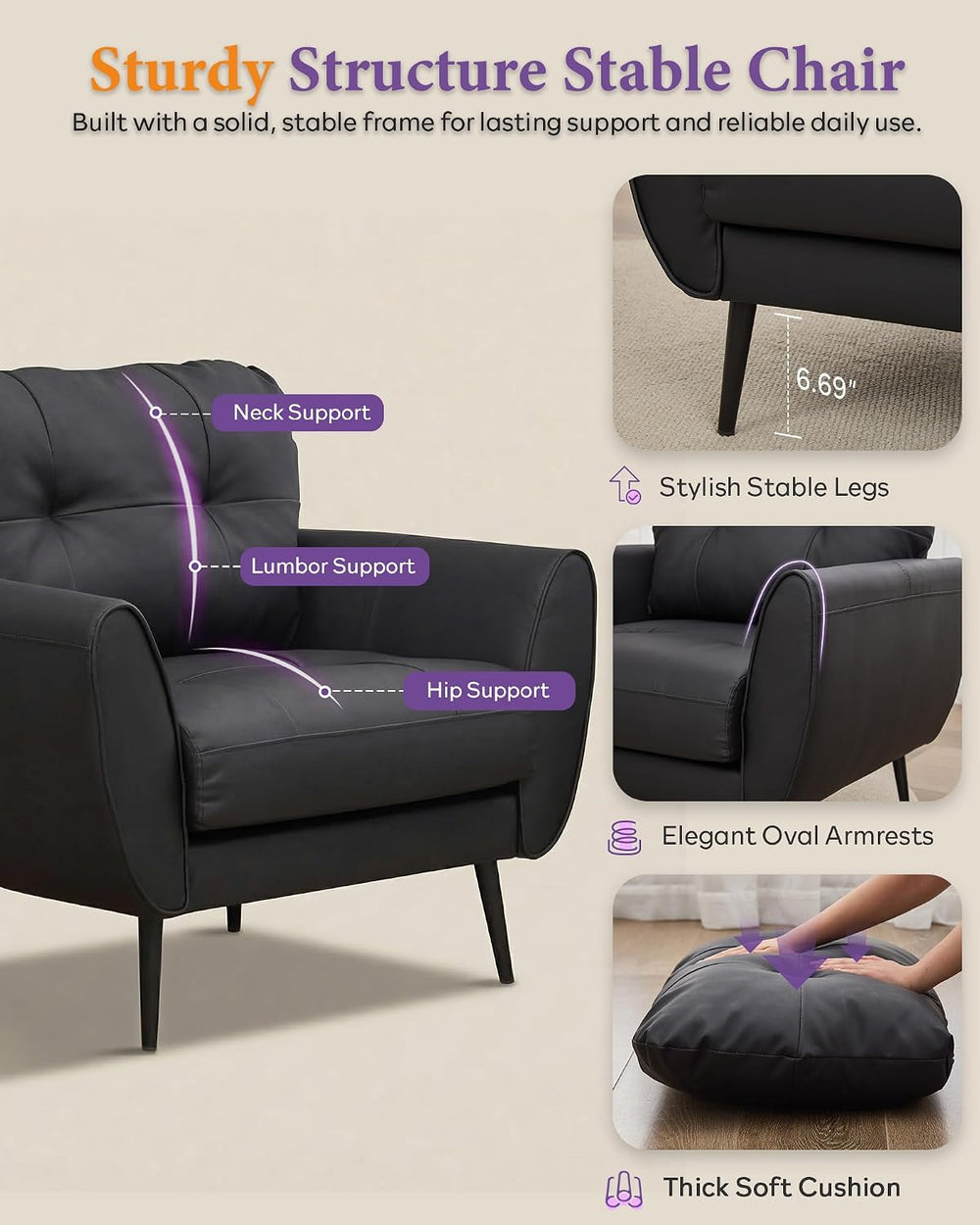 Black Leather Accent Chairs Set of 2, Tufted Reading Chairs for Living Room