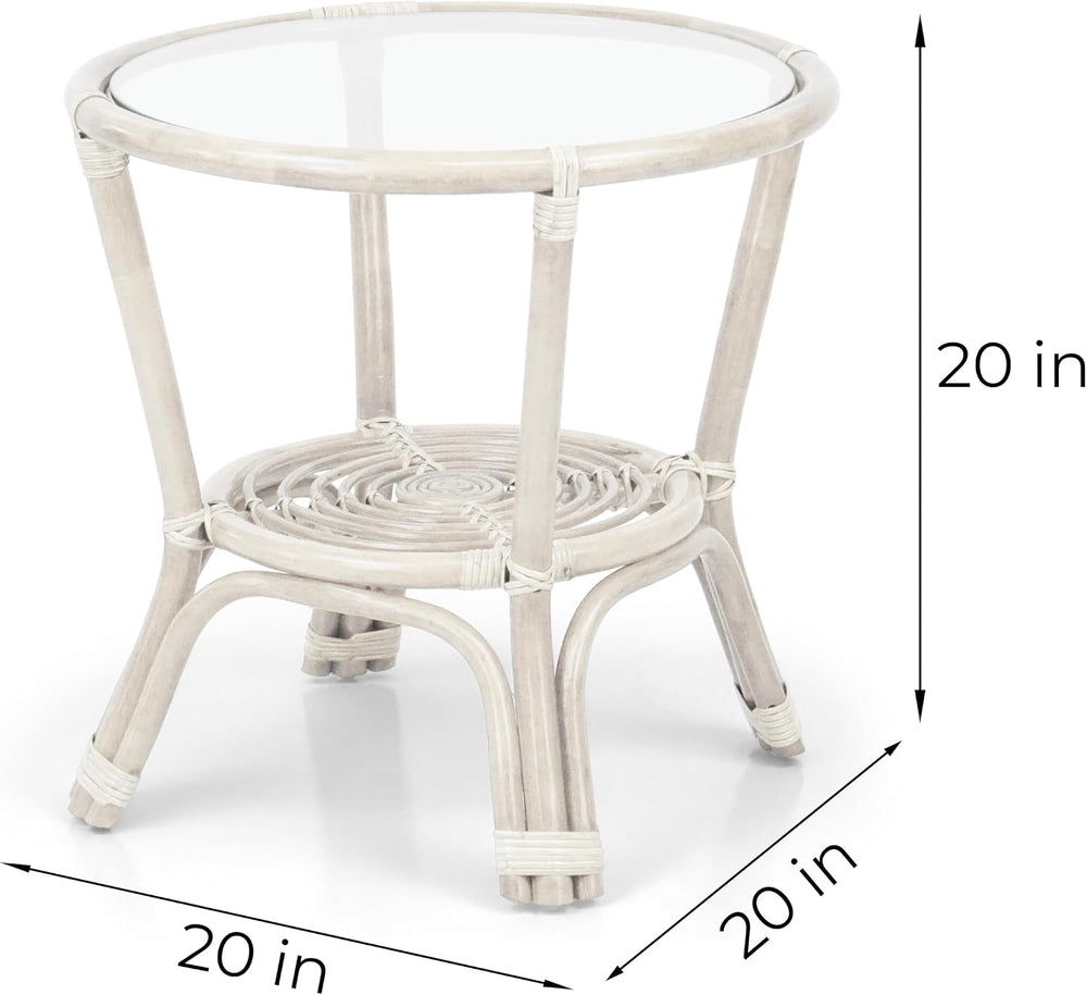 Leo Rattan Wicker Round Accent Coffee Table with Glass, White Color