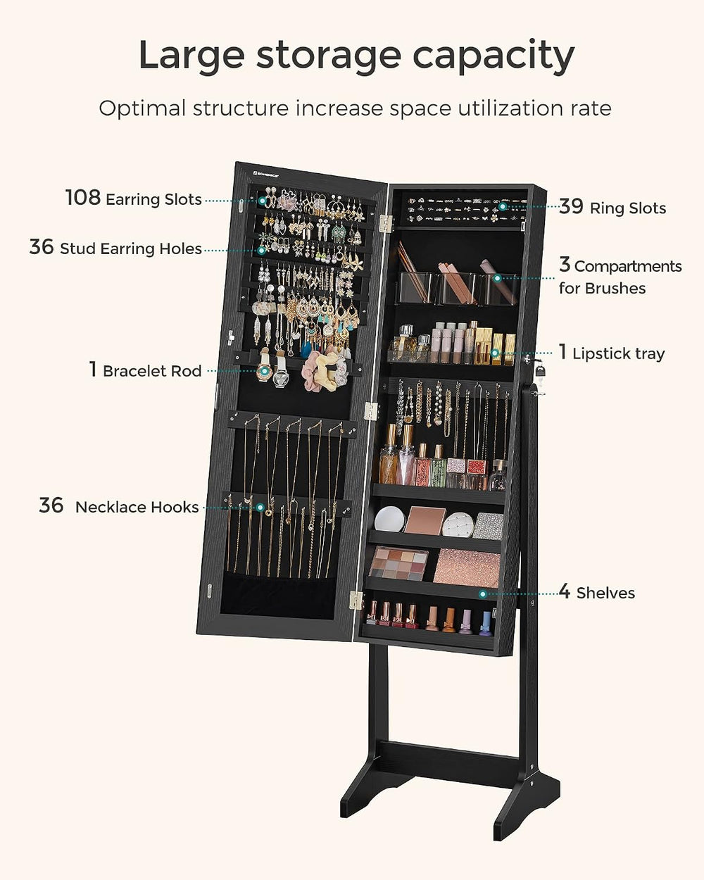 SONGMICS LED Jewelry Cabinet Standing, Lockable Armoire