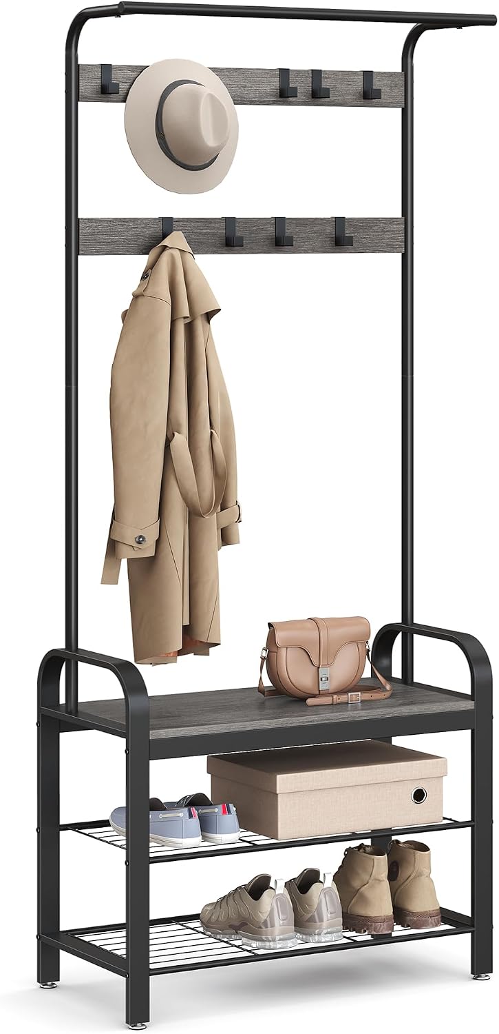 VASAGLE Coat Rack, Hall Tree with Shoe Bench, 4-in-1, 9 Removable Hooks