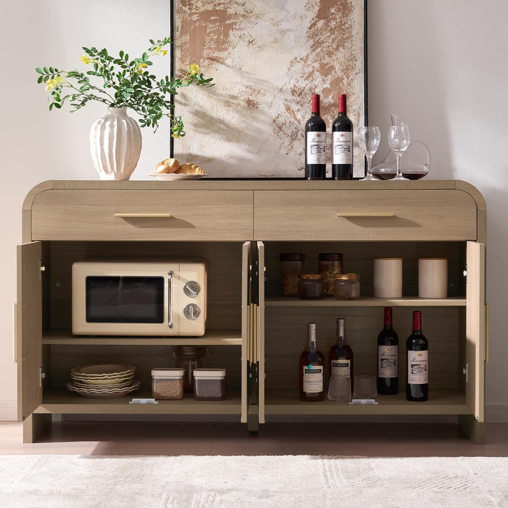 59" Sideboard Buffet Cabinet with Storage, 4 Doors Wood Cabinet Natural Oak