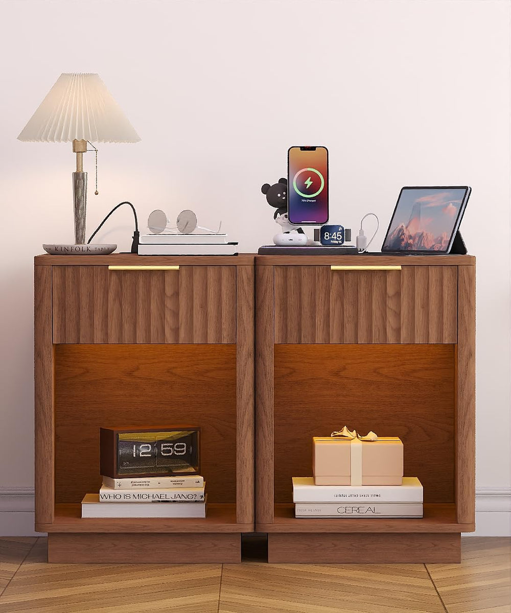 Akxomel Fluted Nightstand Set 2 Bedside Table with Charging Station Walnut