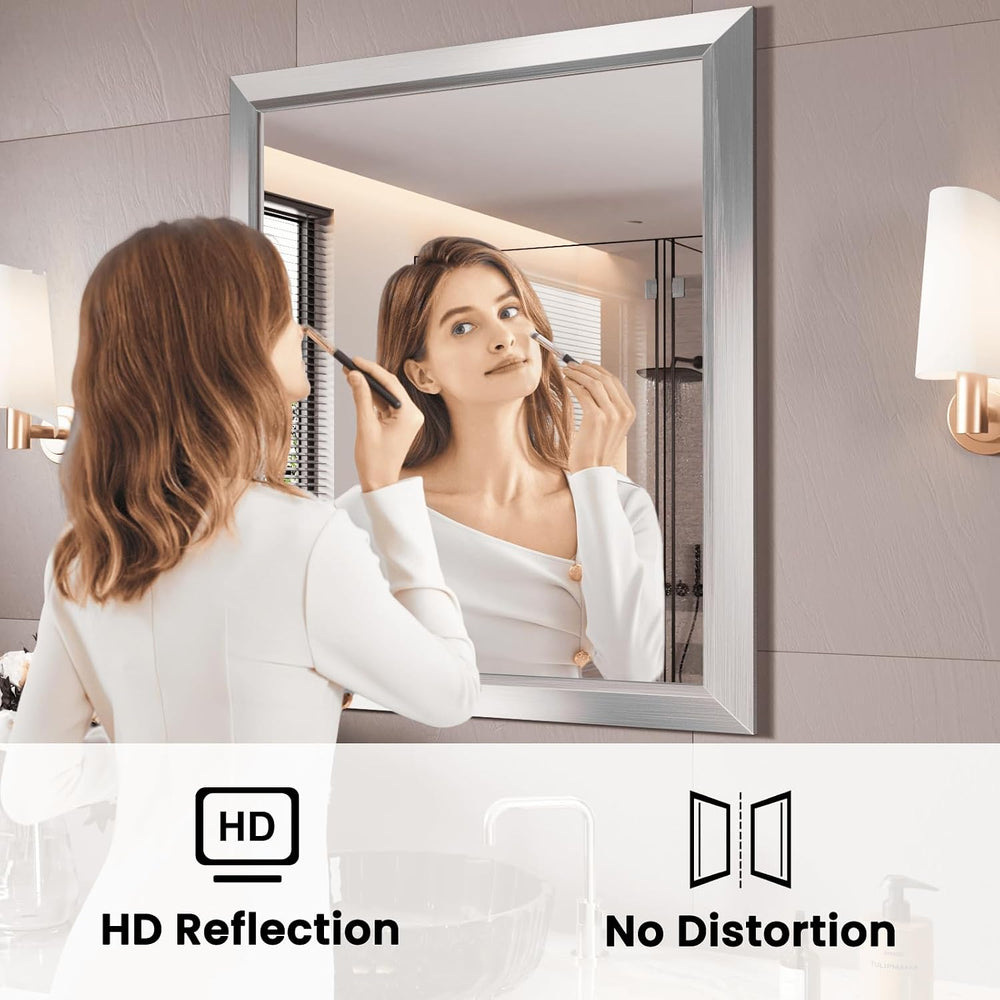 Amorho Bathroom Mirror for Wall 28x32 Inch, Brushed Silver Metal Framed