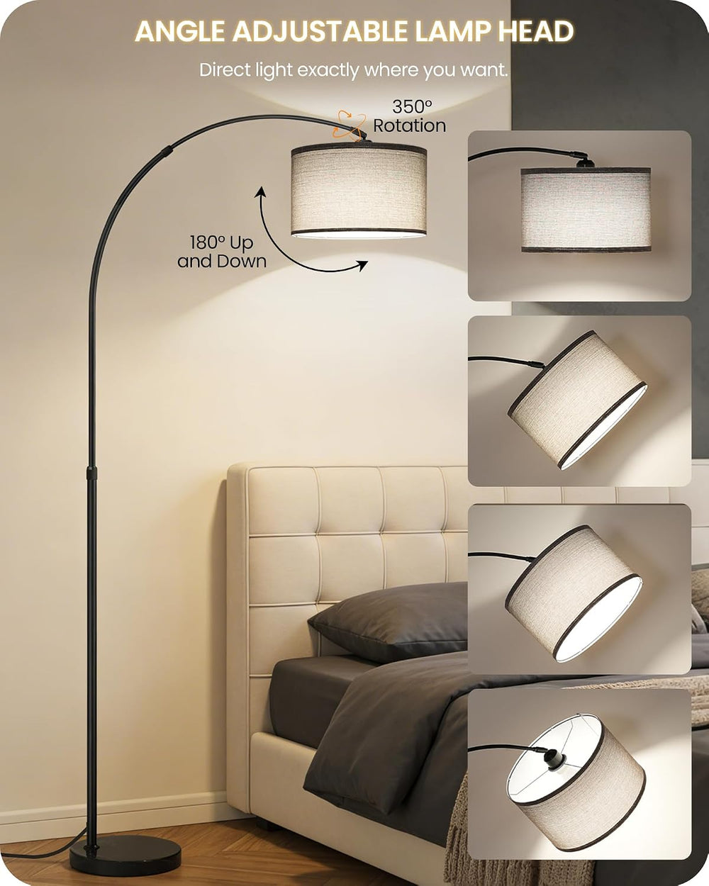 75" Dimmable Gray Arc Floor Lamp with Marble Base and Adjustable Height