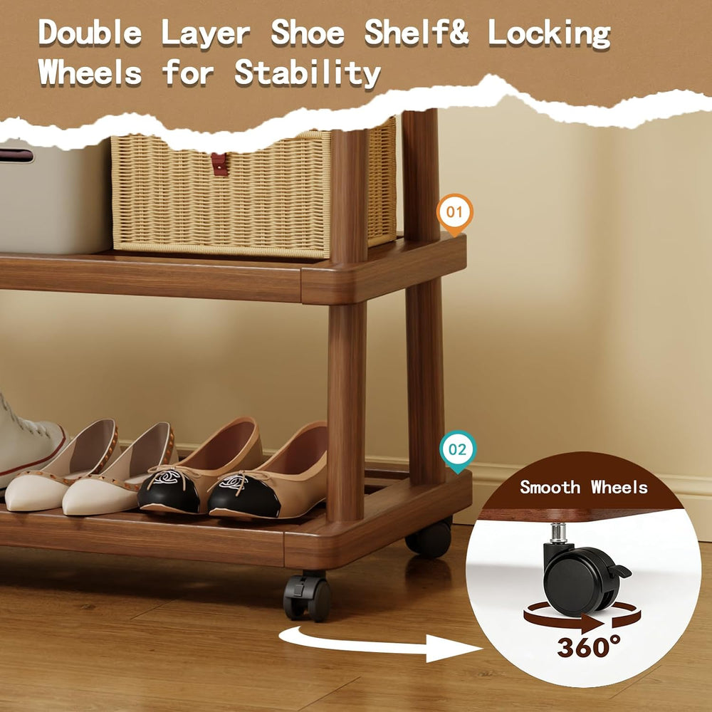 Solid Wood Clothing Rack with Wheels, Garment Rack Shelves, 31.5"W WALNUT