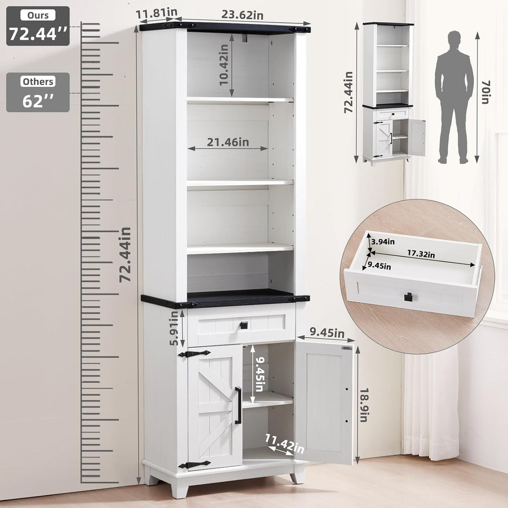 Joaxswe 72in Tall Bookshelf 7 Tier Bookcase with Drawer and Barn Doors and Ad...