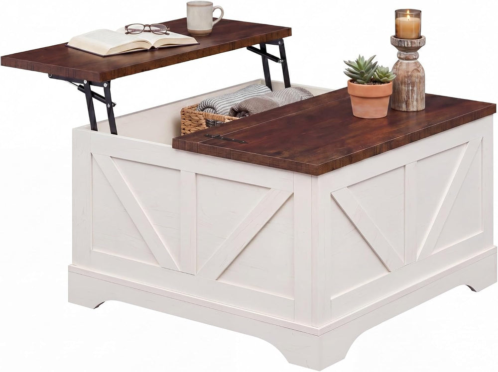 Tangkula Farmhouse Lift Top Coffee Table with Storage, Rustic Brown + White