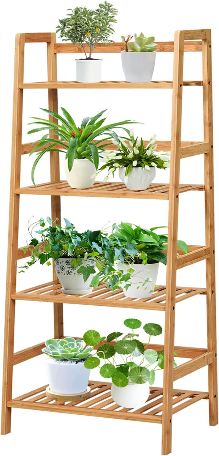 COSTWAY 4-Tier Ladder Shelf, Bamboo Plant Stand Rack
