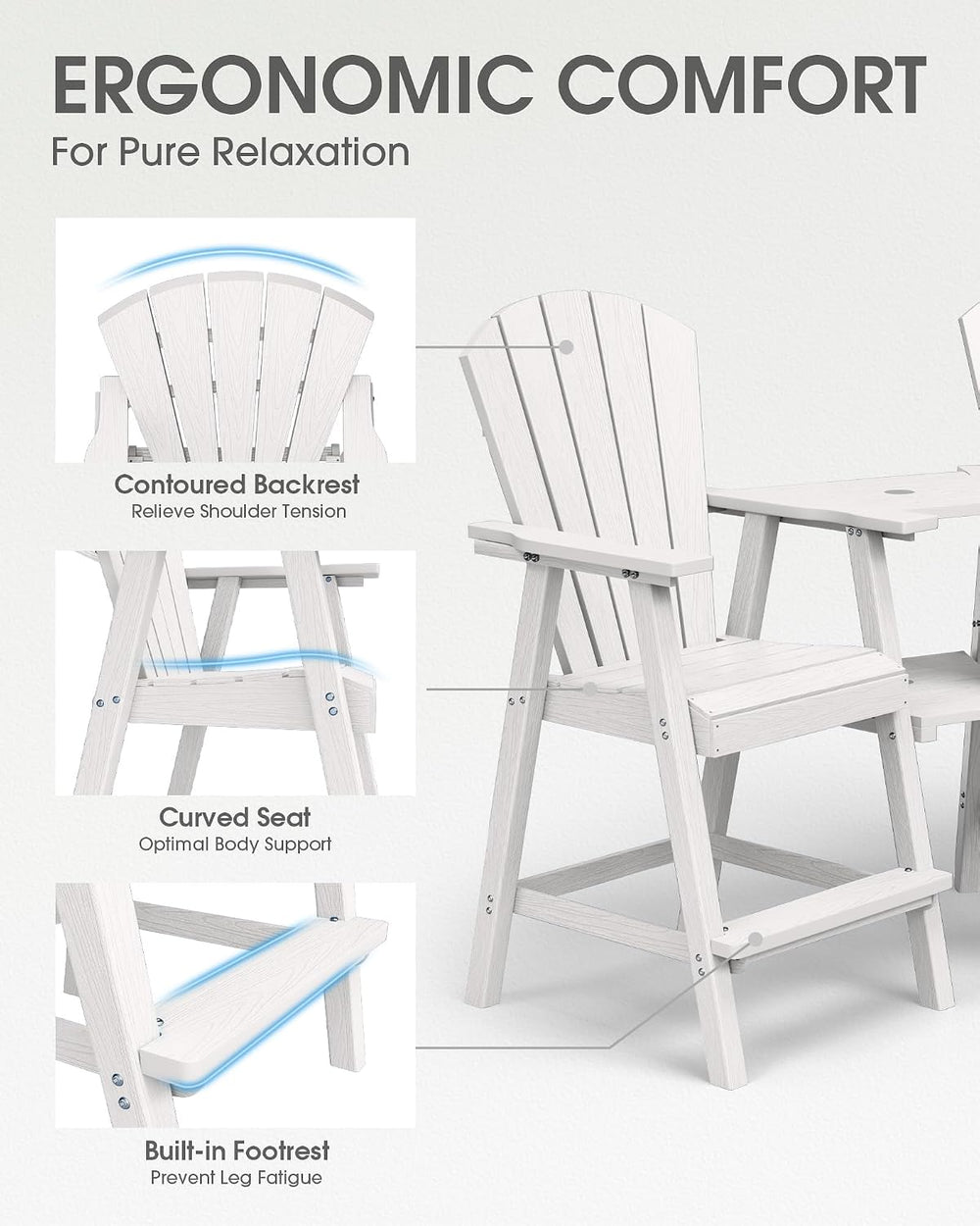 Tall Adirondack Chairs Set of 2 with Double Connecting Trays, White