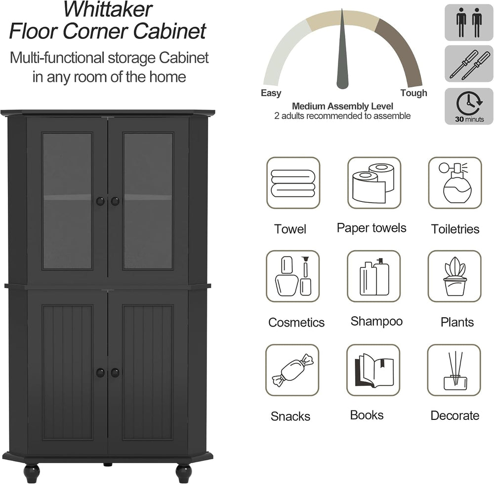 53'' Corner Cabinet with Glass Doors, Black Corner Shelf for Living Room