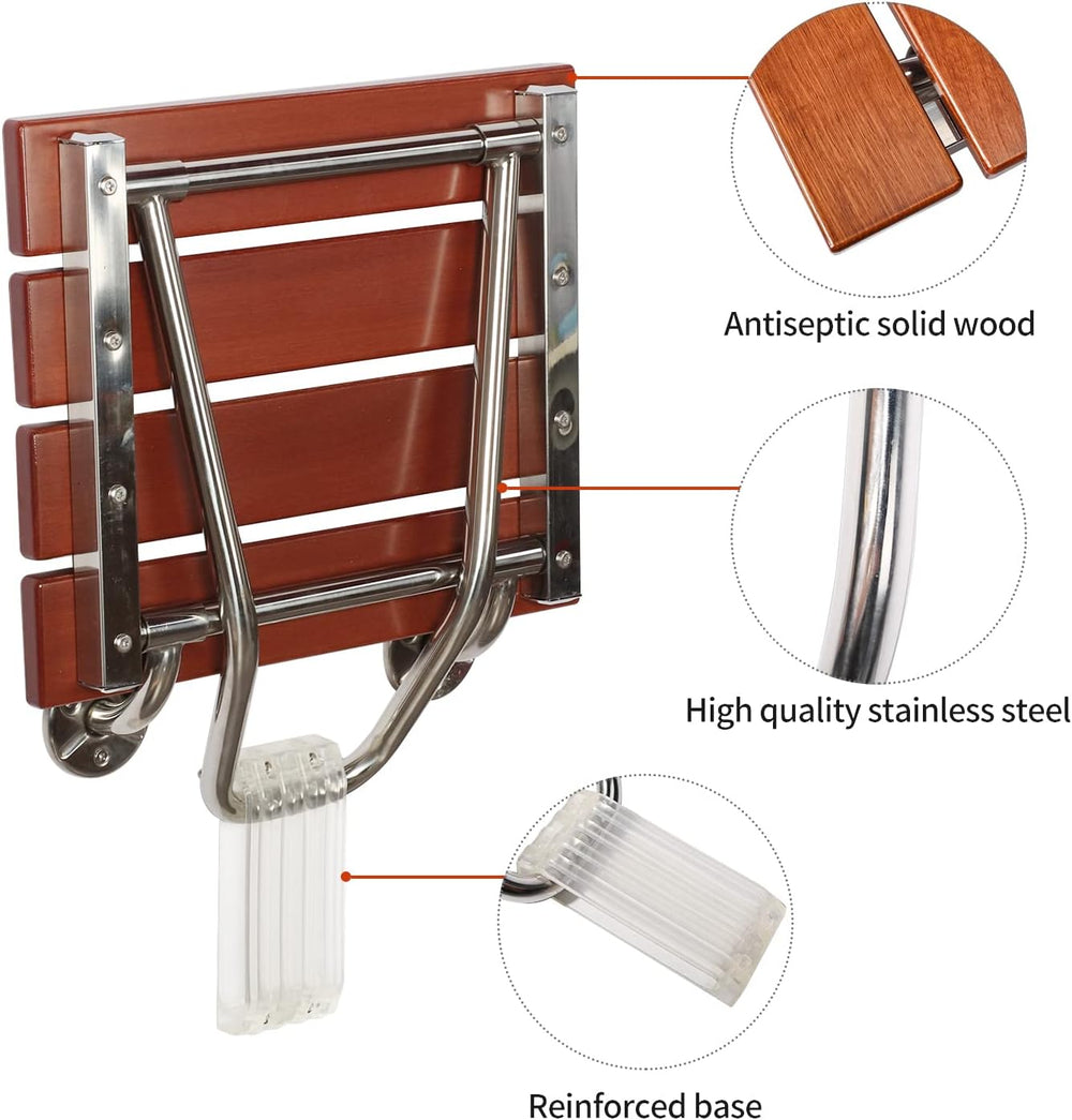 Folding Shower Seat Wall Mounted, Teak Wood, 15'' Foldable Shower Chair