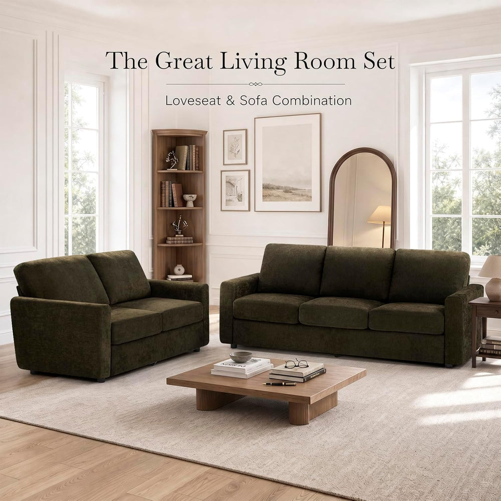 2 Pieces Chenille Sofa Sets w/Comfortable Back Cushions, Brown