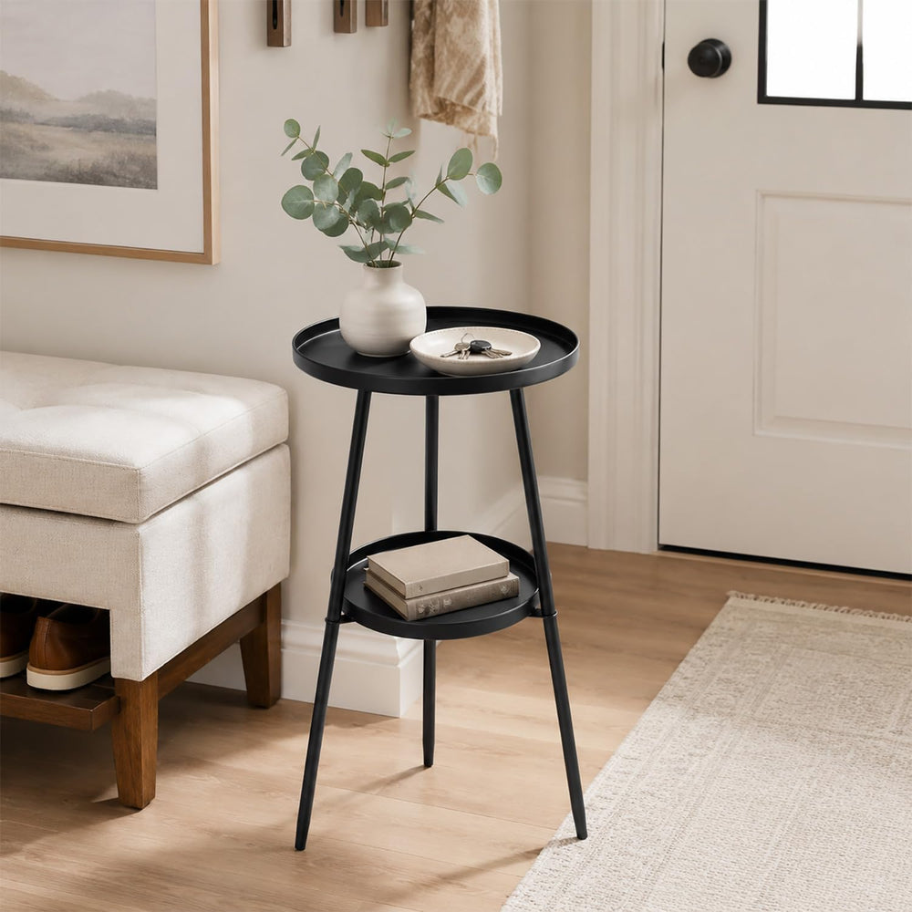 2-Tier Metal Outdoor Side Tables Set of Two 12.6" Round Black End Tables...