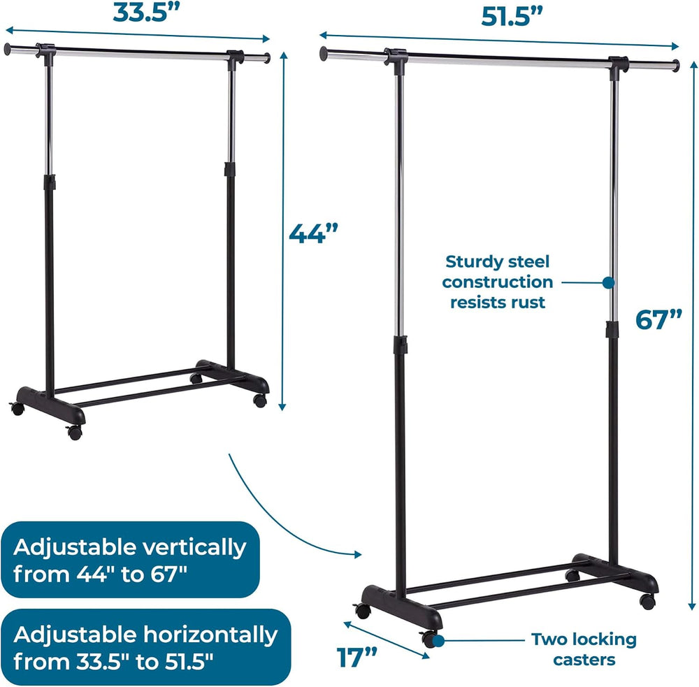 Honey-Can-Do Rolling Garment Rack with Adjustable Height and Width, Metal Clo...