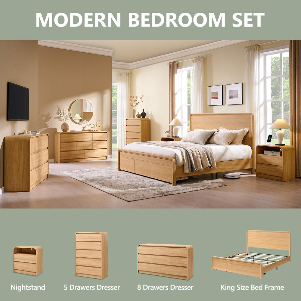 Aitjunz Modern King Size Bed Frame with 50" Tall Headboard, Natural Oak