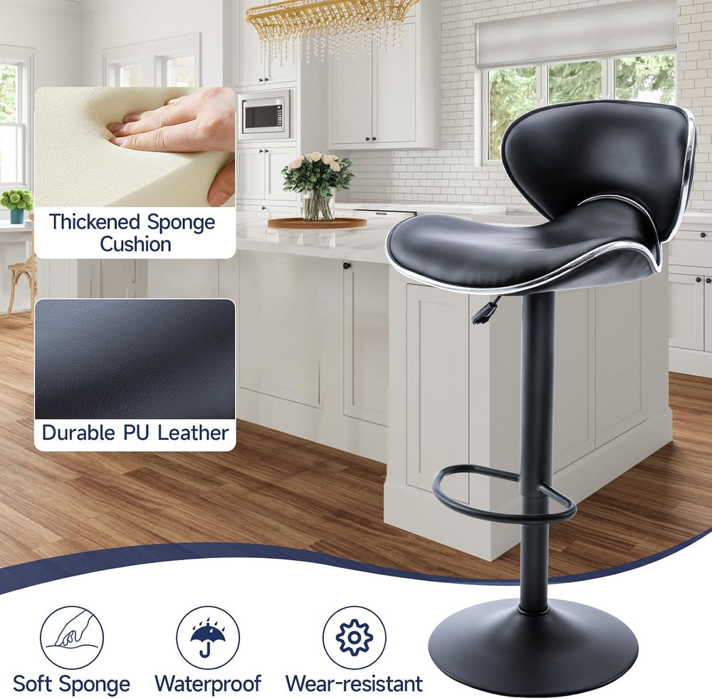 Bar Stools Set of 2 Adjustable Swivel PU Leather Black, Matte Black Base